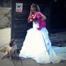 Nicole with her dogs on her wedding day - yes, we dyed Stella pink to match the bridesmaid dresses!