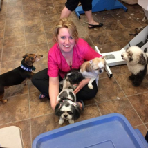 Nicole in her glory, surrounded by dogs!
